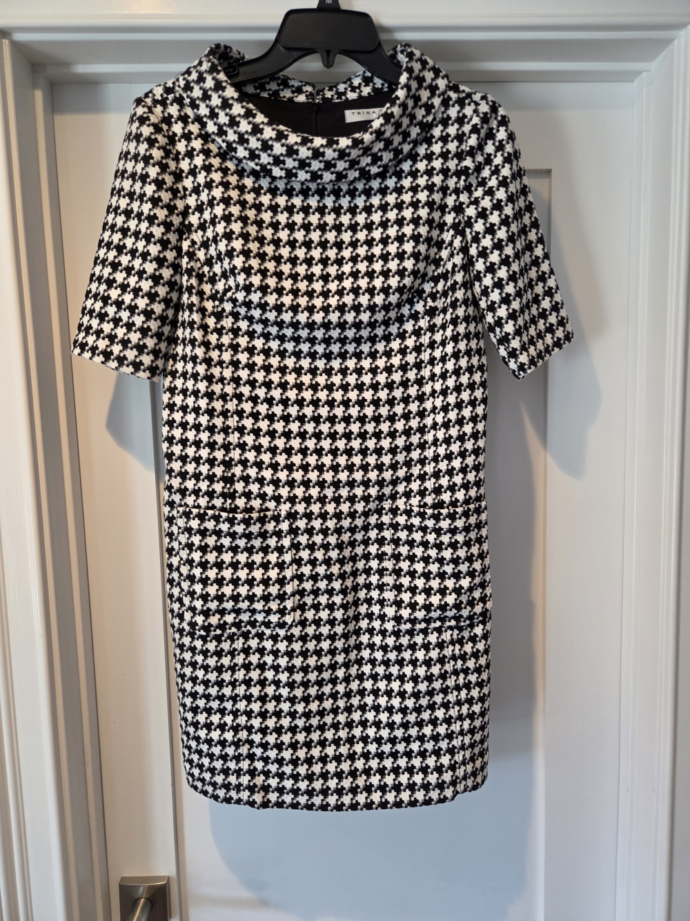 Trina Turk Black and White Houndstooth Cowl Neck Mini Dress